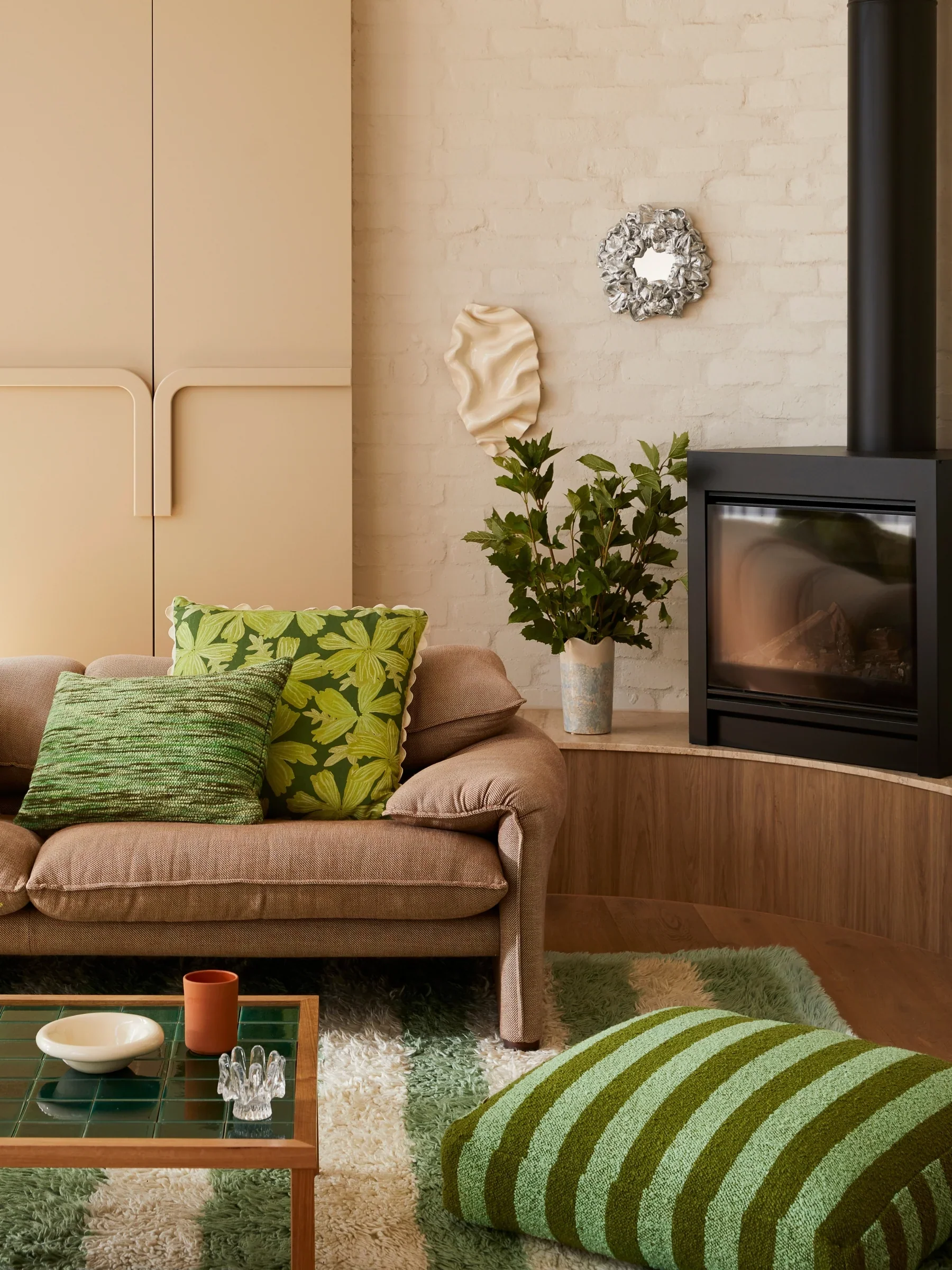 Boucle Stripe Pouffe | Olive Green - Image 7