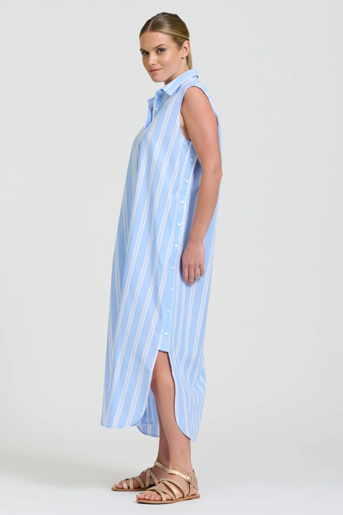 Button Sleeveless Longline Shirtdress | Pale Blue Stripe - Image 4