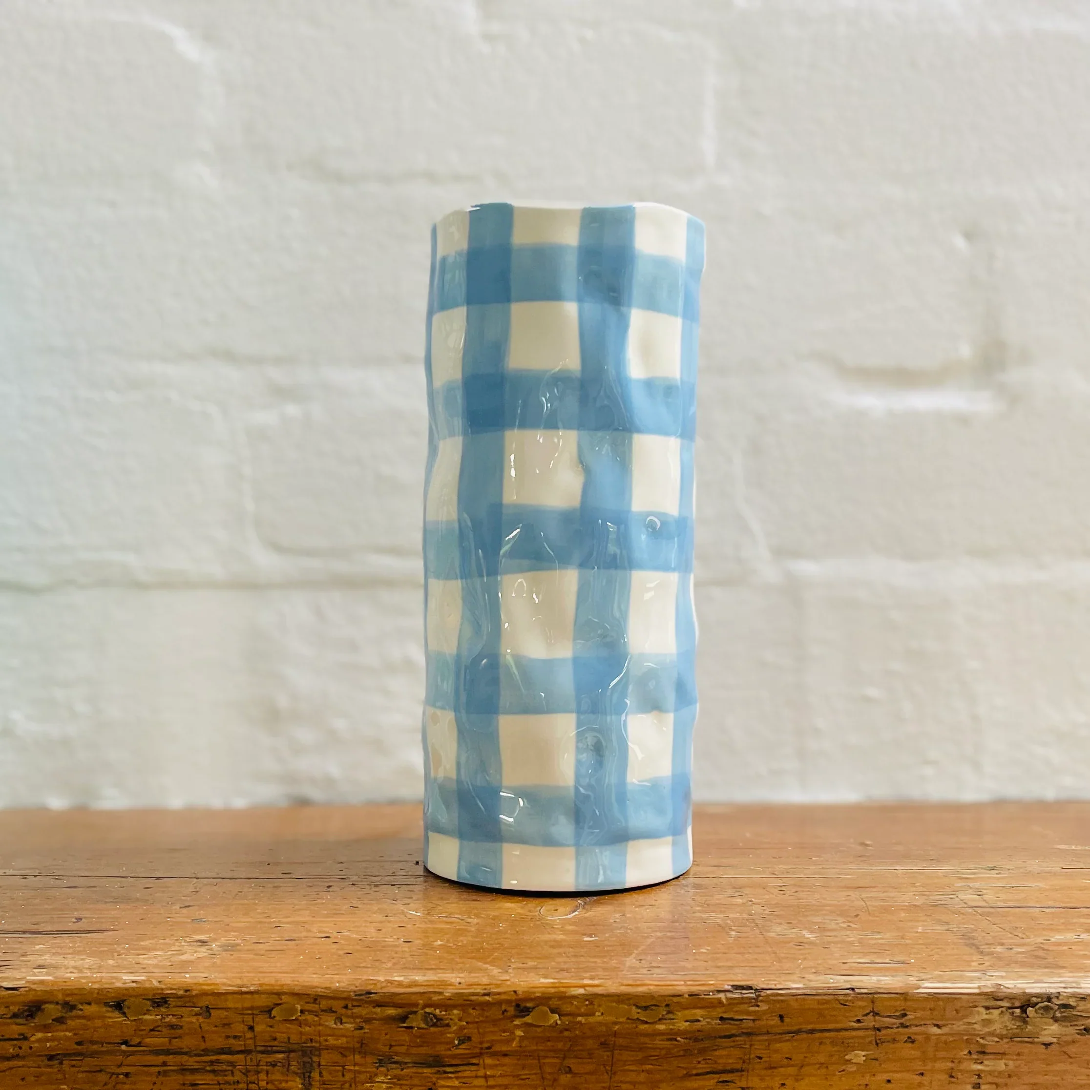 Cornflower blue gingham small vase