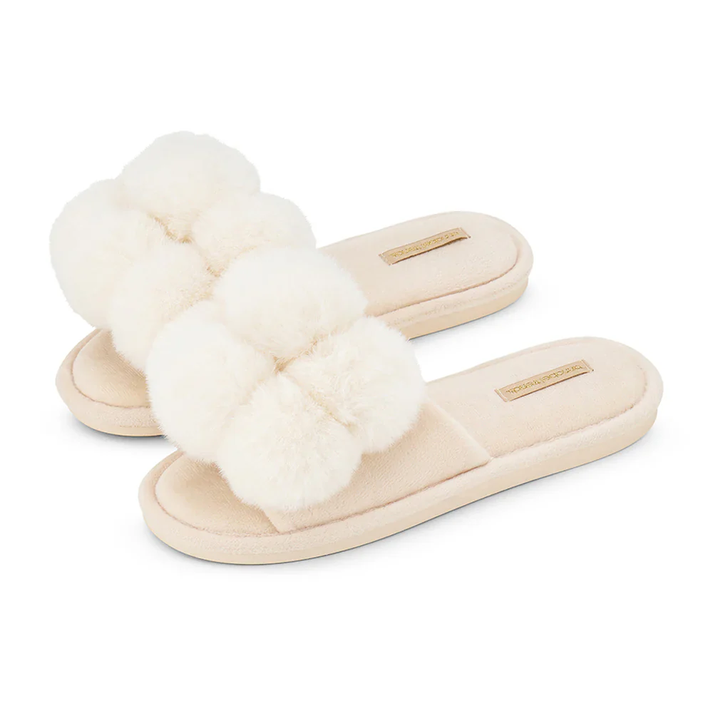 Cosy Luxe Pom Pom Slippers | Ivory