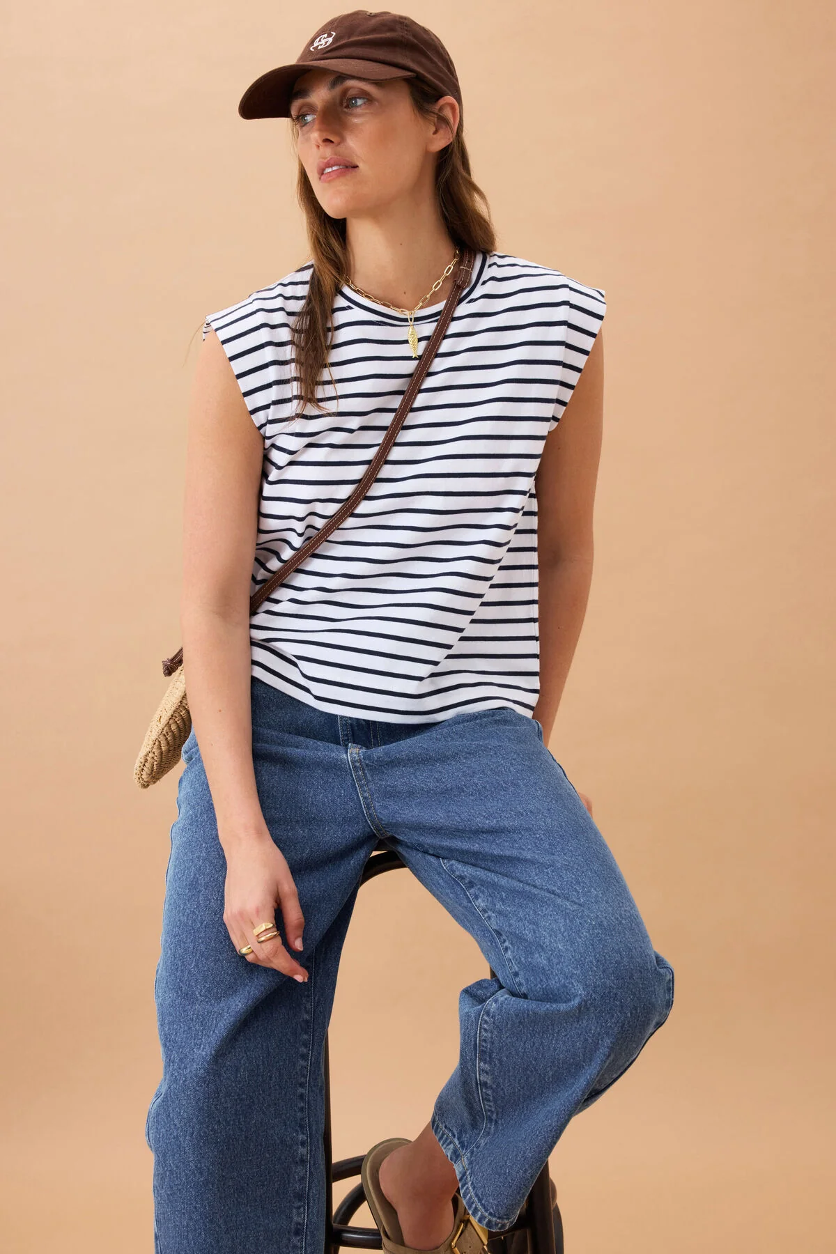 Extended Shoulder Tee|Navy Stripe