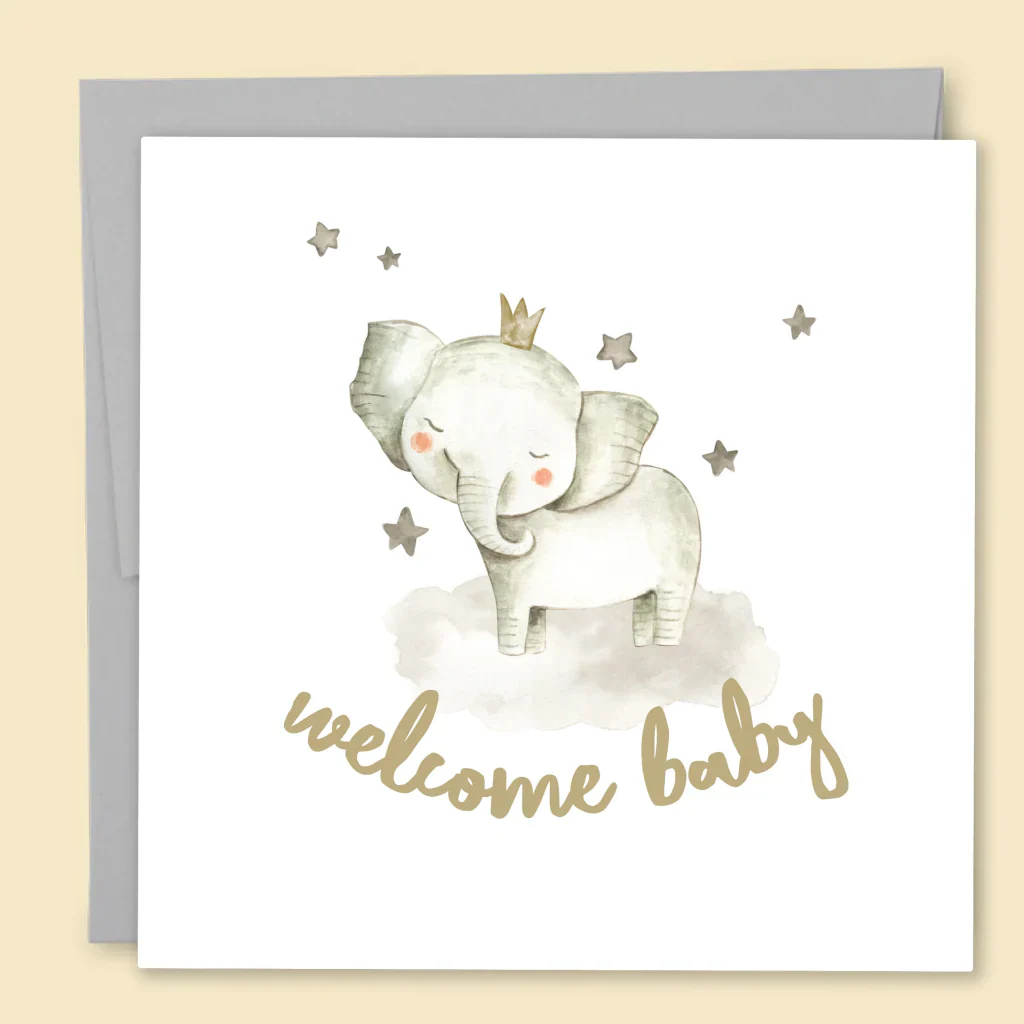 Welcome Baby Elephant Card | Gold